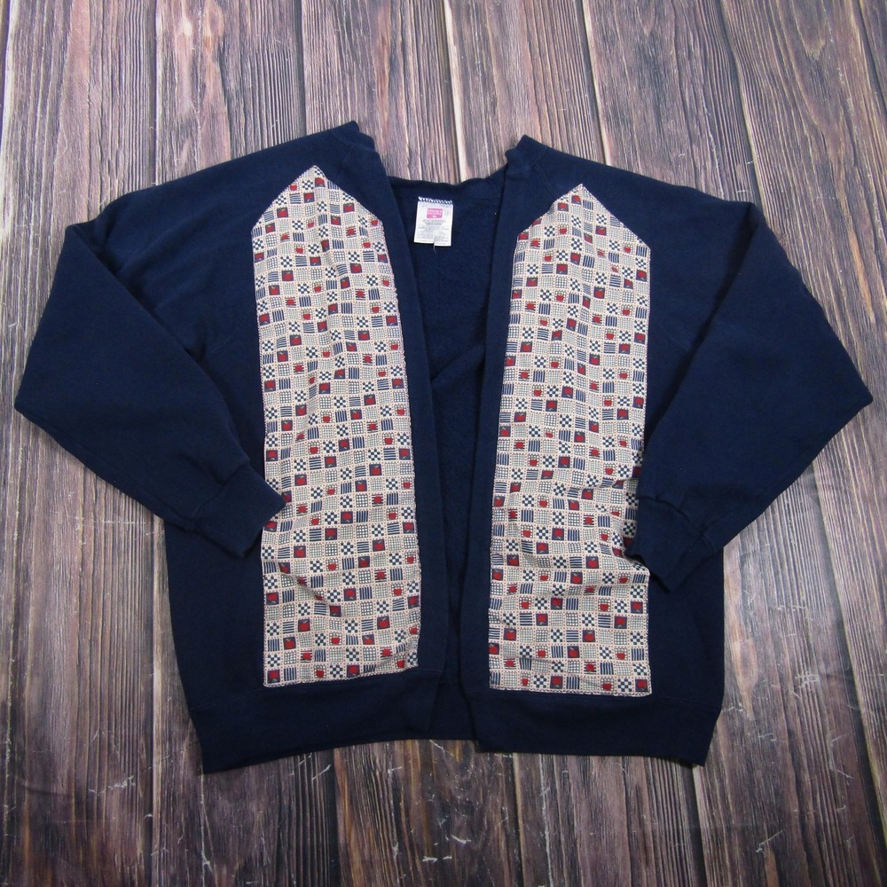 Hanes Her Way Vintage Womens XL Blue Patriotic Flag Open Cardigan Sweater 90s